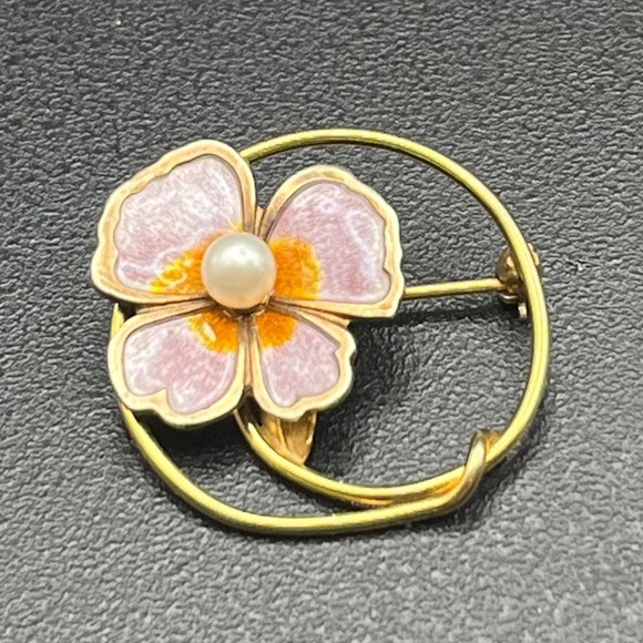 Creed Jewelry - Creed 12K Gold Filled & Sterling Enamel Flower Brooch Mid Century Pearl Pin
